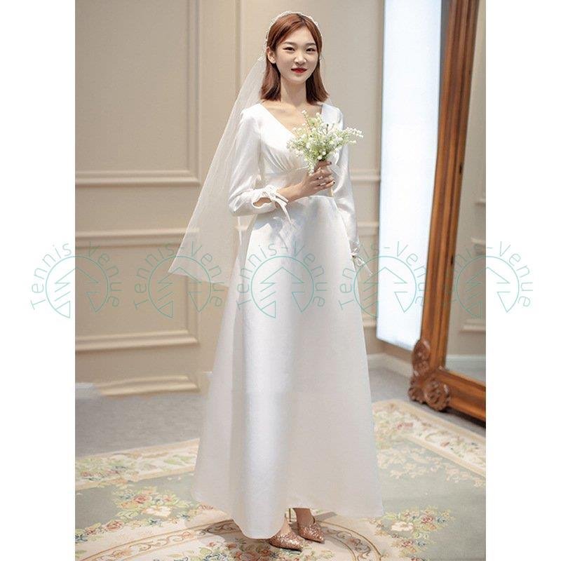 ウエディングドレス ウェデイングドレス マキシ丈スカート 9分袖 パーティードレス Aライン サテン