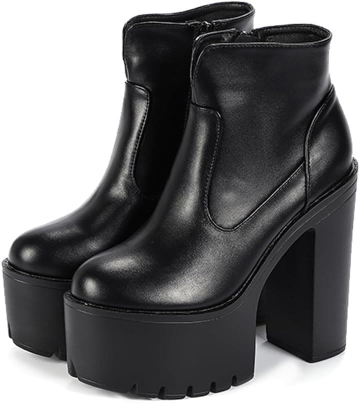 ショートブーツ レディース アンクルブーツ 厚底 太ヒール 15cm サイドジップ 37( ブラック, 23.5 cm)