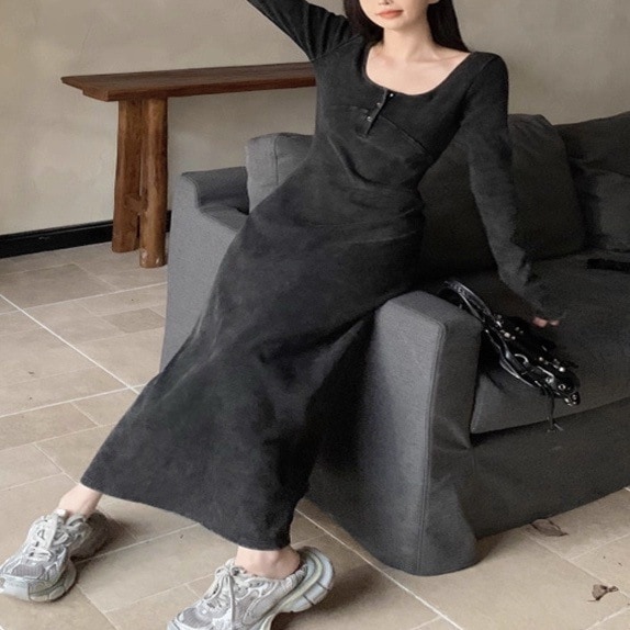 レディース ワンピース フレア ロング マキシ 長袖 ラウンドネック ヘンリーネック タイト スリム 細身 Aライン フェミニン ストリート アメカジ ダメージ ウォッシュ かわいい 大人可愛い