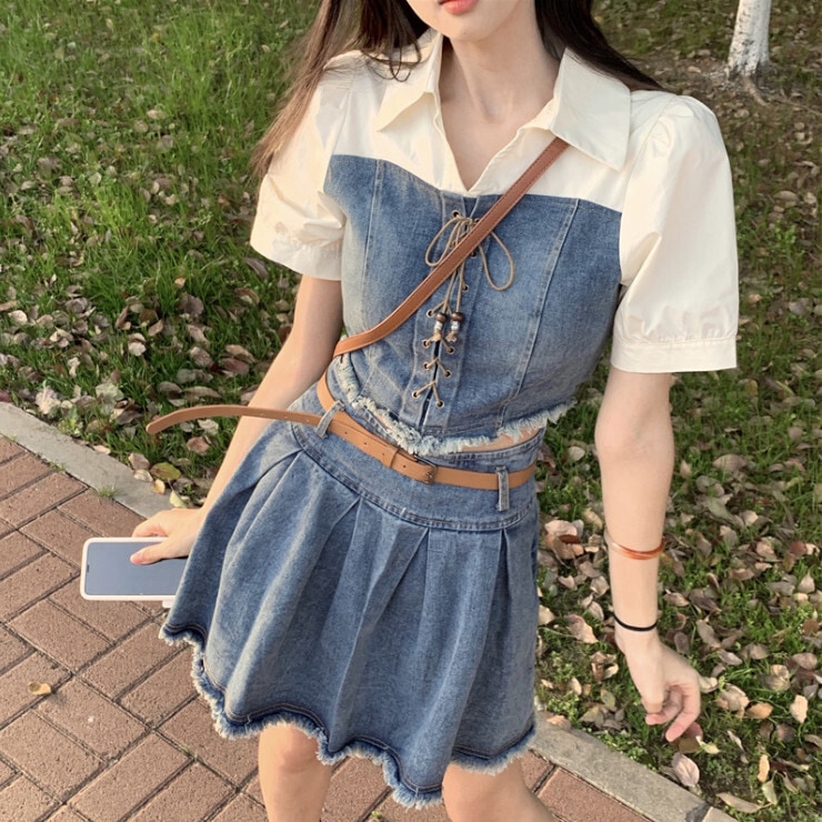 セットアップ レディース プルオーバー シャツ デニム ミニスカート デニムスカート ショート丈 ミニ丈 膝上 クロップド 袖あり 半袖 Vネック 襟付き スリム 細身 Aライン ベルト ハイウエスト
