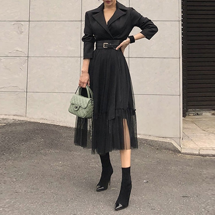 ベルト付き 裾シアー チュールスカート切替え ドッキング ワンピース 膝下丈 ミモレ丈 Aライン 長袖 襟付き テーラードカラー Vネック ウエストマーク 切り替えデザイン 透け感 裾シースルー