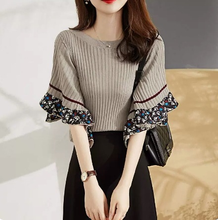 トップス Tシャツ カットソー 七分袖 リブニット フレア ラウンドネック デザイン 美ライン ニュアンス ワンカラー かわいい 大人可愛い きれいめ シンプル カジュアル 上品 おしゃれ お洒落