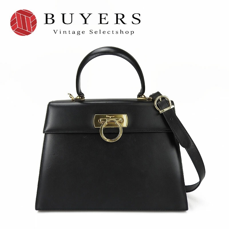 中古 Salvatore Ferragamo サルヴァトーレフェラガモ AF-21-2181 ガンチーニ 2wayハンドバッグ レザー カーフ ショルダー ブラック 黒 BLACK ゴールド金具 肩掛