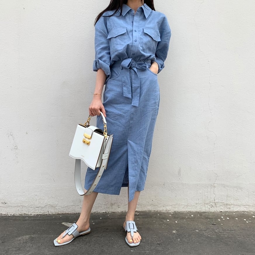 ワンピース シャツワンピース レディース ミモレ丈 ピンク ブルー Aライン ロング丈