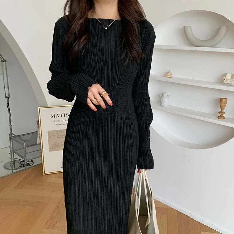 ワンピース レディース プリーツ ギャザー ロングワンピース ミモレ丈 プリーツワンピース 長袖 黒