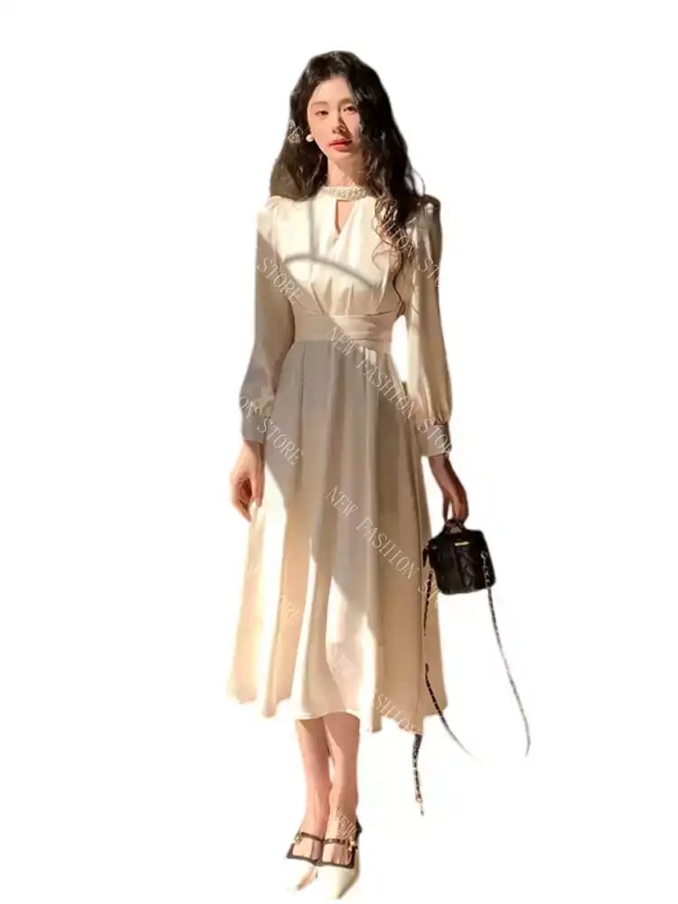 フレンチウエスト長袖ドレスイブニングドレス-38