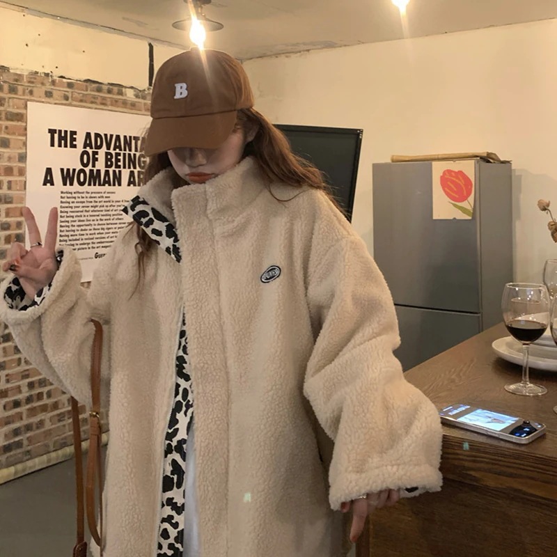 ジャケット コート レディース レオパード リバーシブル ボア 長袖 萌袖 スタンドカラー もこもこ ふわふわ ファスナー カジュアル 防寒 ラフ 大人可愛い アプリコット ダークグレー フリーサイズ