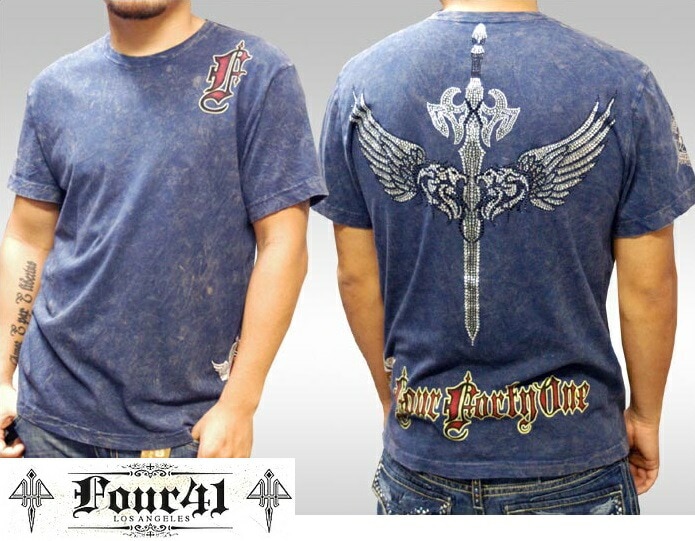 Four41 スワロフスキー Tシャツ ネイビー メンズ ラインストーン ウィングダガー インポート セレブ ブランド アフリクション クロムハーツ スタイル Ed Hardy エドハーディー ストリ