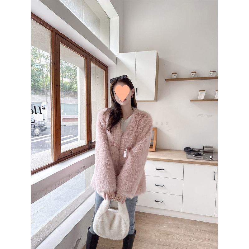 秋冬厚手vネックコートレディースゆったり無地コート気質毛皮コート