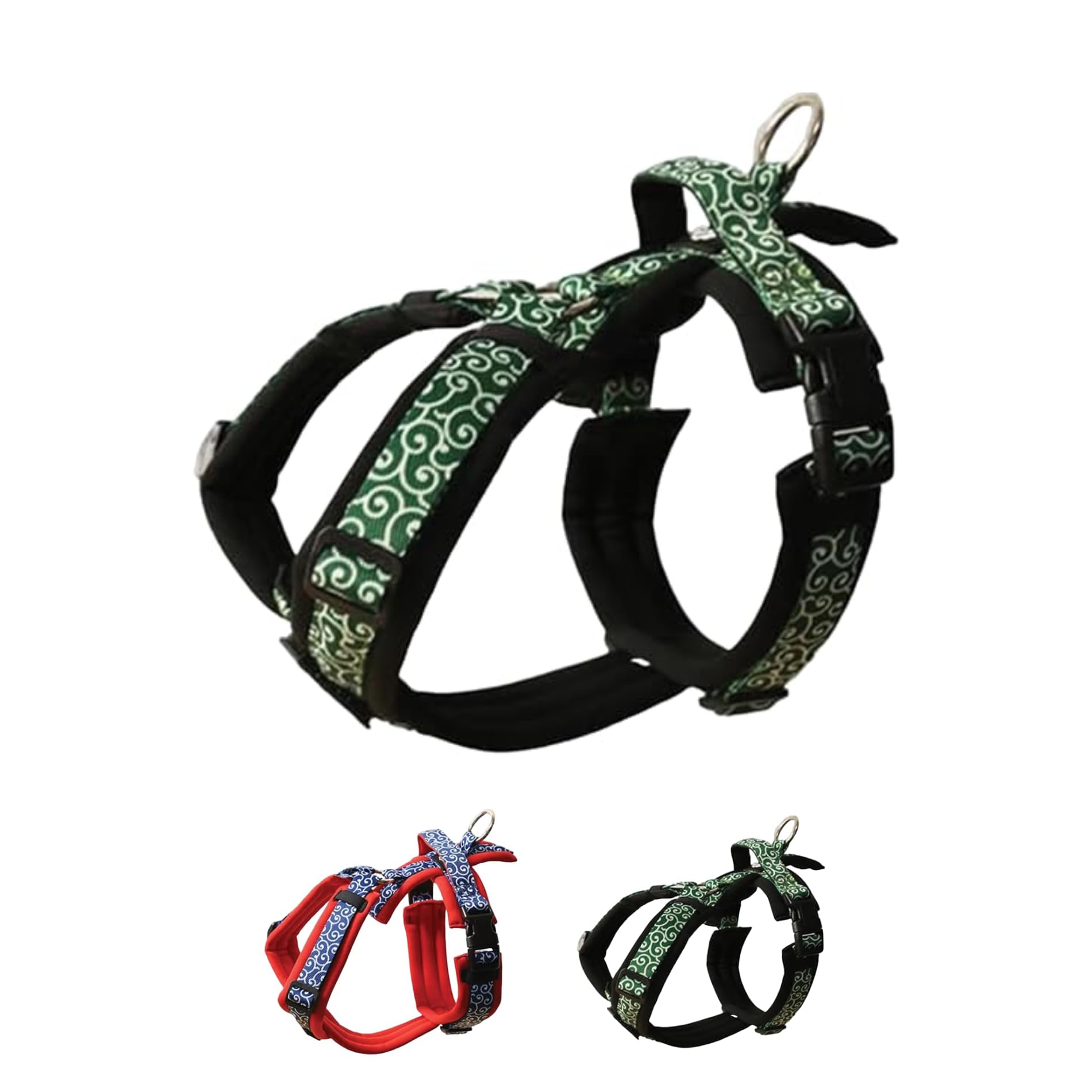 Hakusan ゼロハーネス 負担軽減 犬用ハーネス サイズ調整可 簡単着脱 夜間反射材 軽量 通気 ハンドル付き ネームプレート S サイズ 唐草・ブラック×グリーン