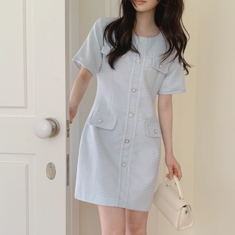 [top0632] 韓国ファッション 真珠 半袖 ツイード ワンピース