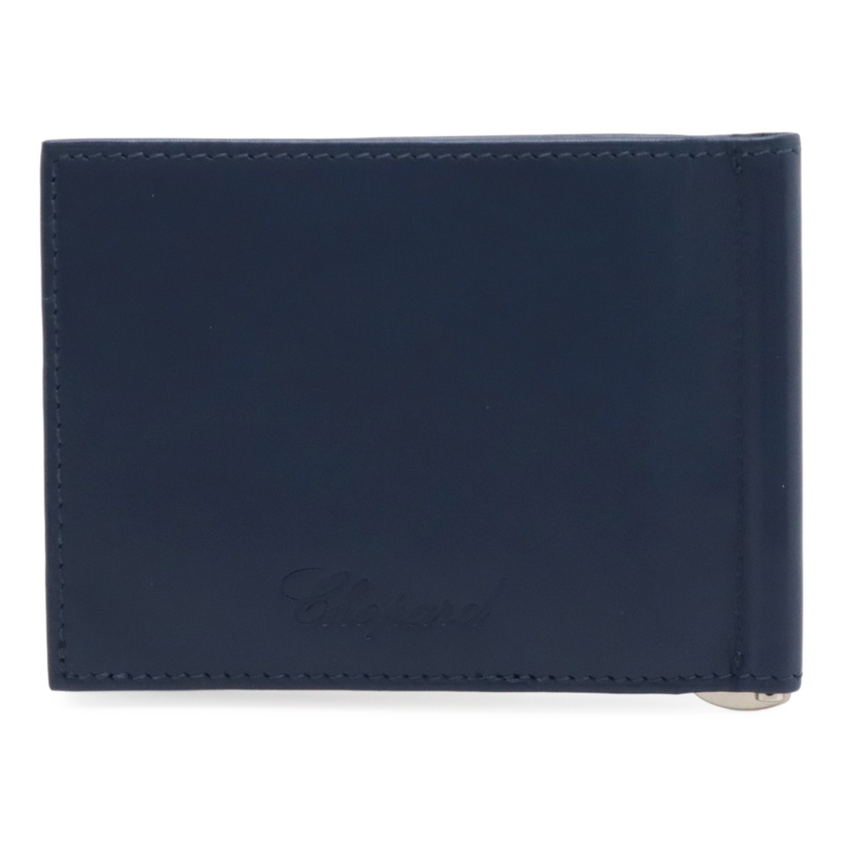 2つ折財布 二つ折り札入れ マネークリップ式 ビルクリップ カードケース 名刺入れ レザー ネイビー 紺 シルバー金