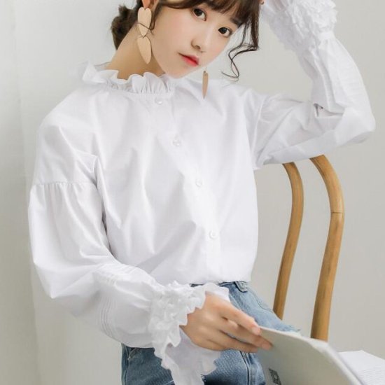 ブラウス レディース シャツ フリルブラウス スタンドカラー フリルネック ボリューム袖 長袖 デザインスリーブ フリルスリーブ レトロ クラシカル ホワイト かわいい きれいめ ガーリー おしゃれ