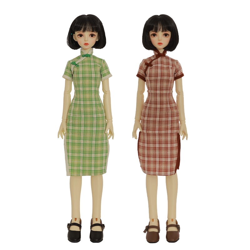 球体関節人形Celia復古風のチェックのチーパオリーメイクアップルックを現物に変えている高級オリジナル樹脂1/4BJDドール