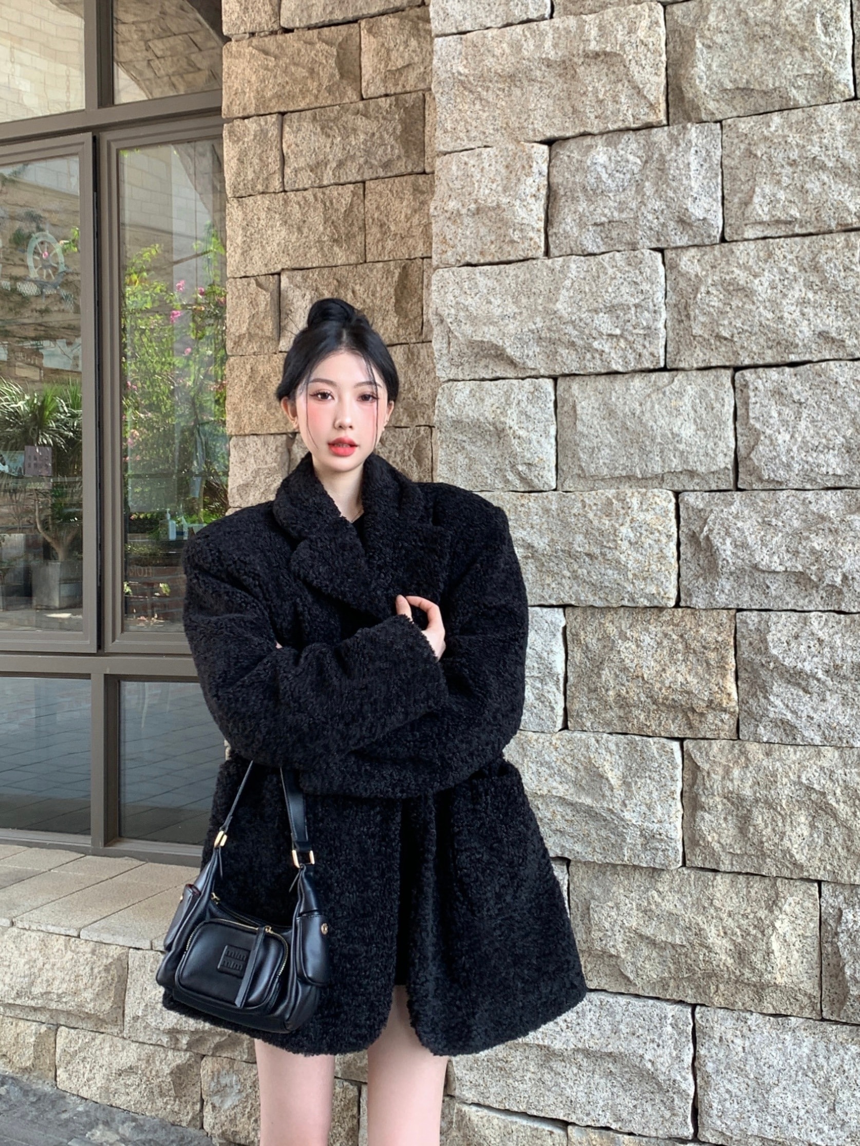 秋冬防寒 あったかアウター 韓国風コートフェミニンかわいい ブルゾンファー付きファッション系裹起毛大人ゆったりカジュアルストリートサイズレディースムートン襟エコお姉さんシルエット学生通学丈フレンチ