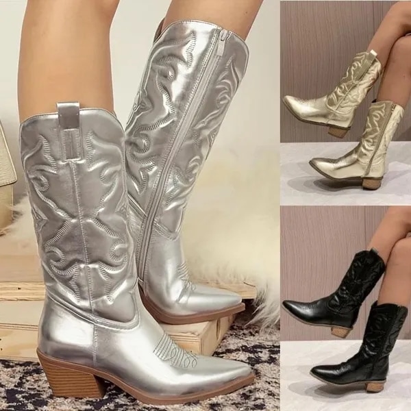 Womens Western Mid Calf Boots Embroidery Pattern Tall Leather Boots Vintage Pointed Toe Winter Ankle