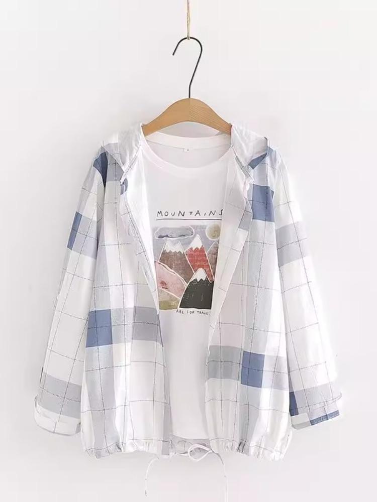 レディース アウター ウィンドブレーカー 長袖 ファスナー フード 前開き 薄手 透け感 大人可愛い シンプル カジュアル おしゃれ ラフ スポーティー ルーズ チェック 春 夏 10代 20代