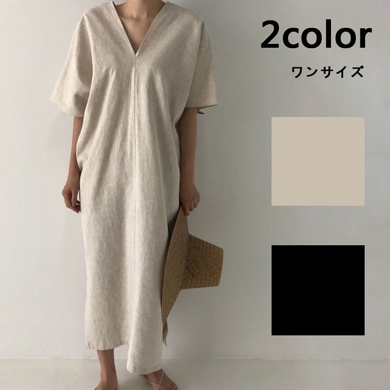 Qoo10 Vネック リネン ワンピース 半袖 レディース服