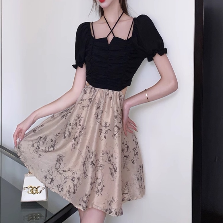 ワンピース ドレス レディース ミニ 膝上 半袖 襟なし タイト スリム Aライン フェミニン ハイウエスト 切り替えデザイン バイカラー かわいい 大人可愛い きれいめ 上品 おしゃれ こなれ感