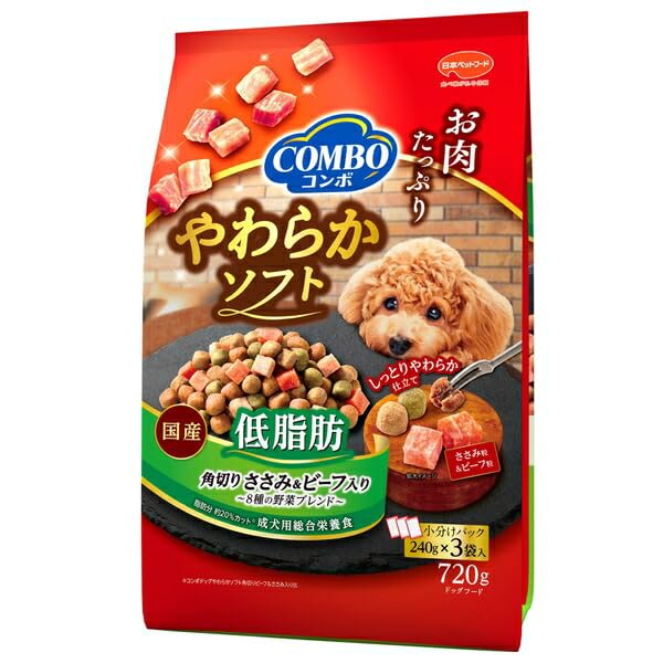 即日発送！ （まとめ買い）日本ペットフード コンボ ドッグ やわらかソフト 低脂肪 角切りささみ・ビーフ 野菜ブレンド 720g 犬用フード 【×5】 6,037円