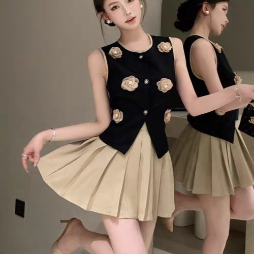 韓国立体花ノースリーブベストAラインプリーツスカート2ピースセット