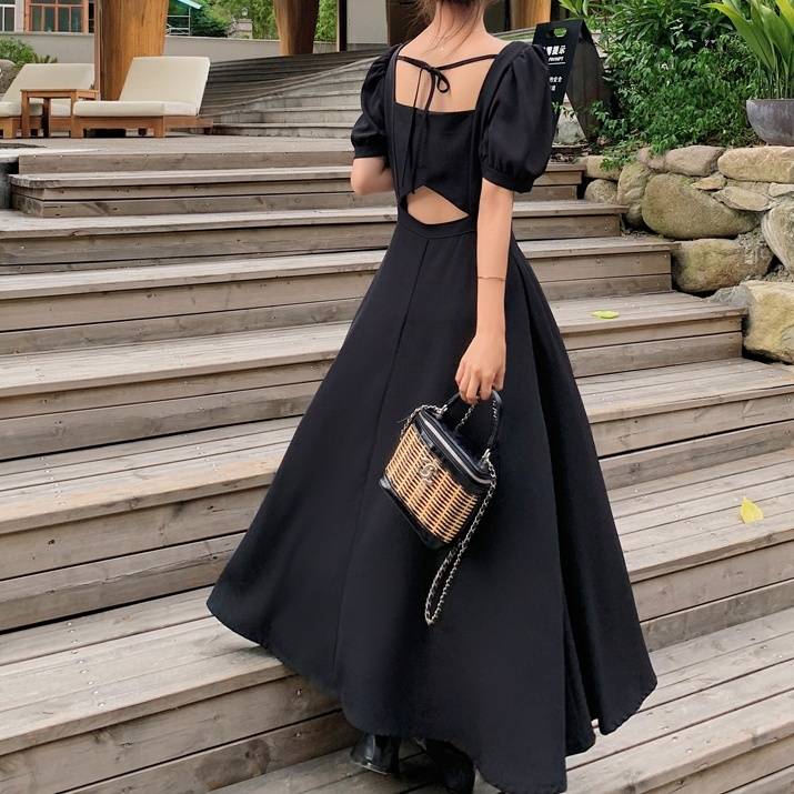 レディース ワンピース ロングワンピース マキシ丈 マキシ アンクル丈 半袖 スクエアネック パフス