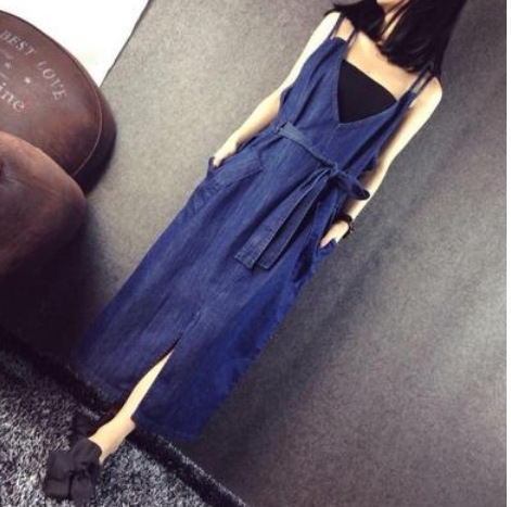 デニムジャンバースカート スカート ロング丈 袖なし ノースリーブ ストレート リボン ウエストリボン スリット デニム インナー 爽やか 大人スタイル かわいい 大人可愛い きれいめ シンプル