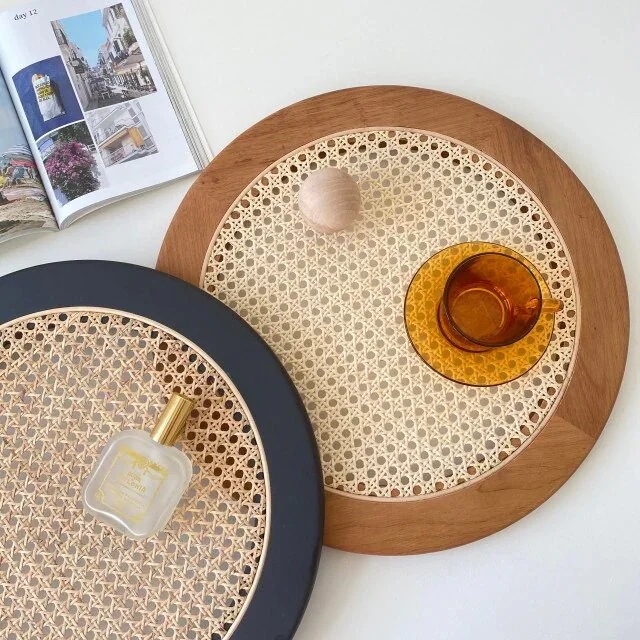 韓国インディアンラタントレイ　トレー　ラウンド　丸形　　おぼん　　カフェ　韓国雑貨　 ケインウッ