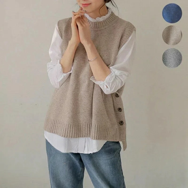 ニット ベスト レディース チョッキ トップス 春 秋服 ノースリーブ ロング丈 人気 通勤 リブ編み スリット 韓国風 シンプル 無地 OL 30代 40代 50代 50代