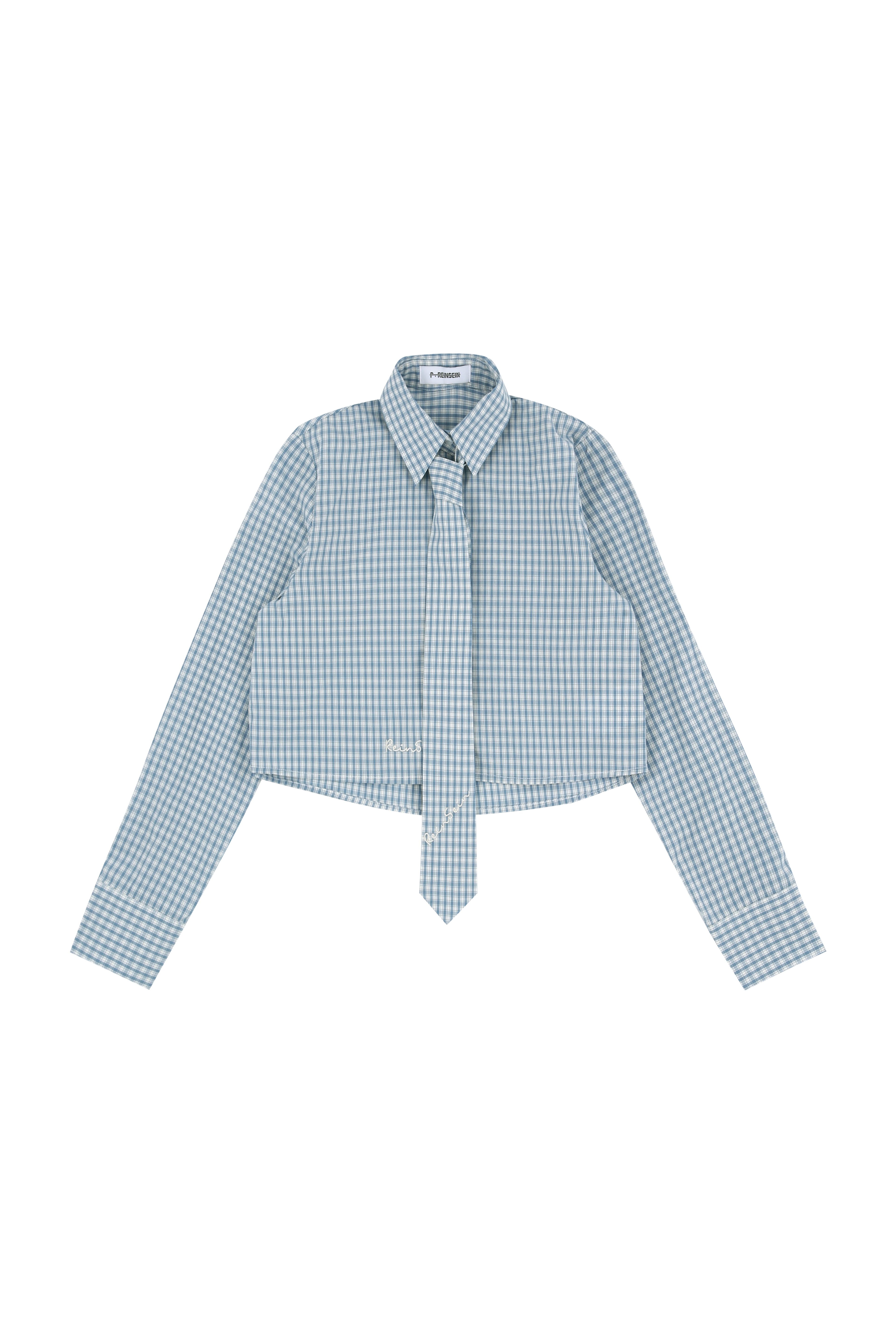 블루 체크 크롭 셔츠 & 넥타이 세트