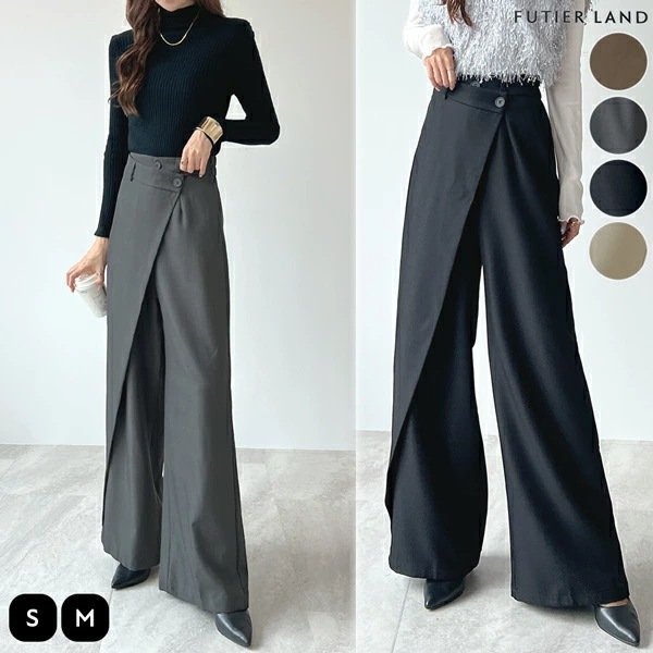 パンツ スラックス ラップパンツ マニッシュ ハイウエスト タック ワイドパンツ とろみ感 秋 冬 レディース 上品 きれいめ オフィスカジュアル 韓国 ファッション YP/ ウエストラップ