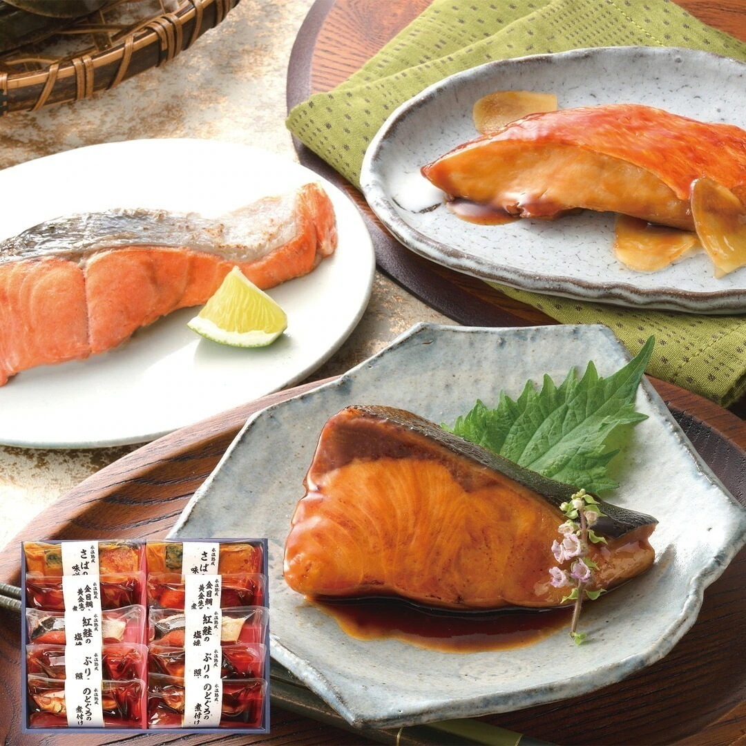 鳥取 山陰大松 氷温熟成 煮魚焼き魚セット 金目鯛と黄金生姜 のどぐろの煮付け ブリの照り焼き 紅鮭塩焼き さばの味噌煮 各2 【産直メーカー直送品】