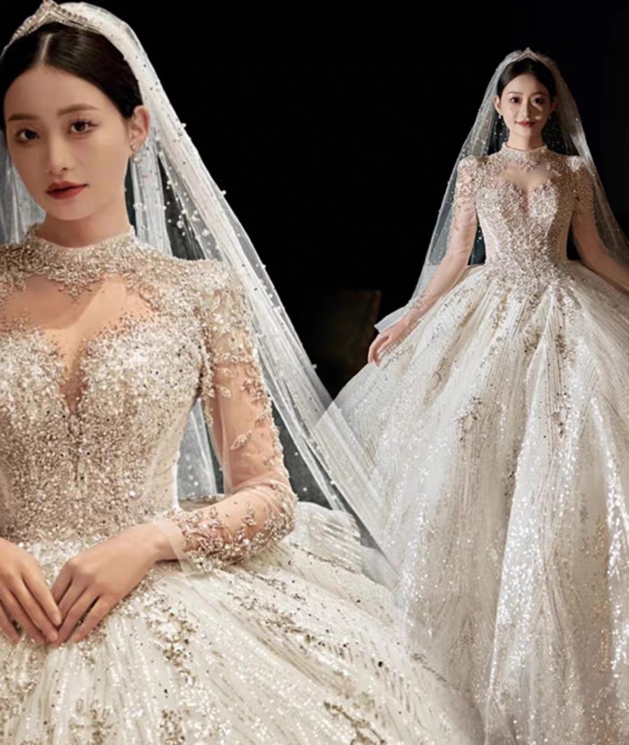 ★ ⬜︎ ウエディングドレス④ 花嫁　リボン　スパンコール　花　袖　レース　豪華 ☆ ⬜︎ ウエディングドレス④ 花嫁リボンスパンコール花袖