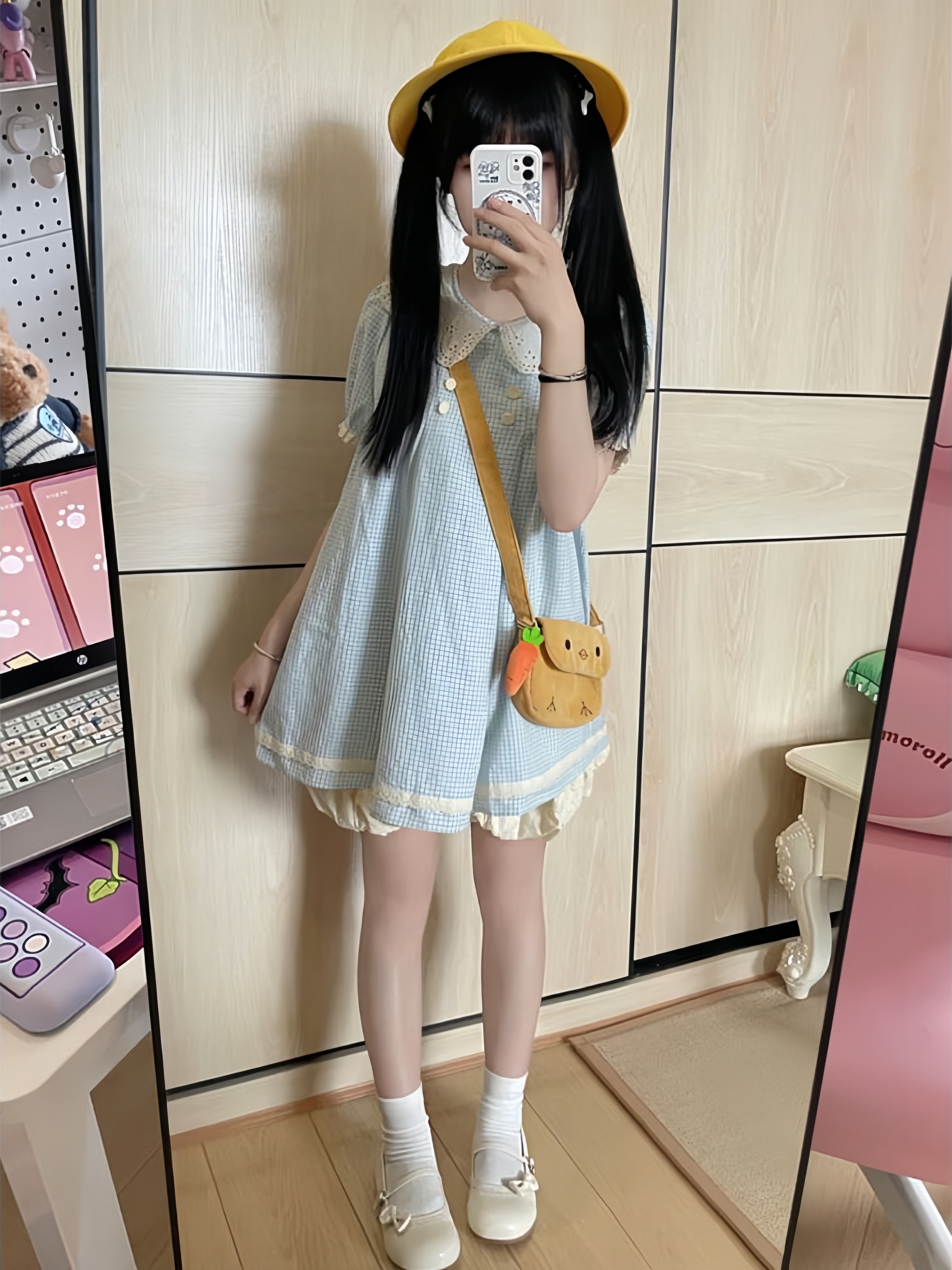 芸術的な甘さのミントカラーのベビードール襟チェック柄小柄な女性向けの夏のプリンセスショートドレス
