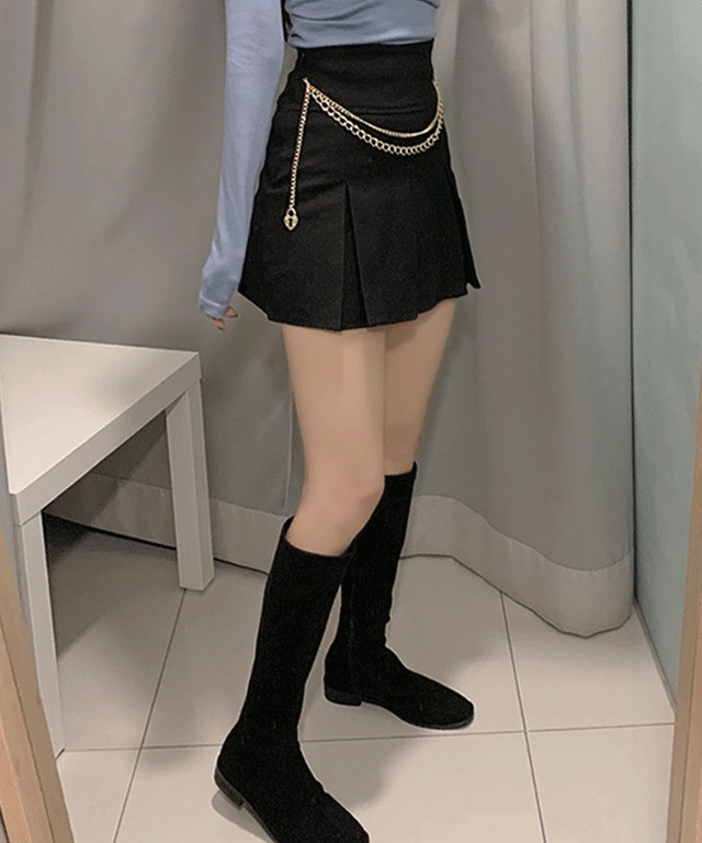 チェーンプリーツプリーツプリーツミニスカートパンツ(ベージュ/ブラック)