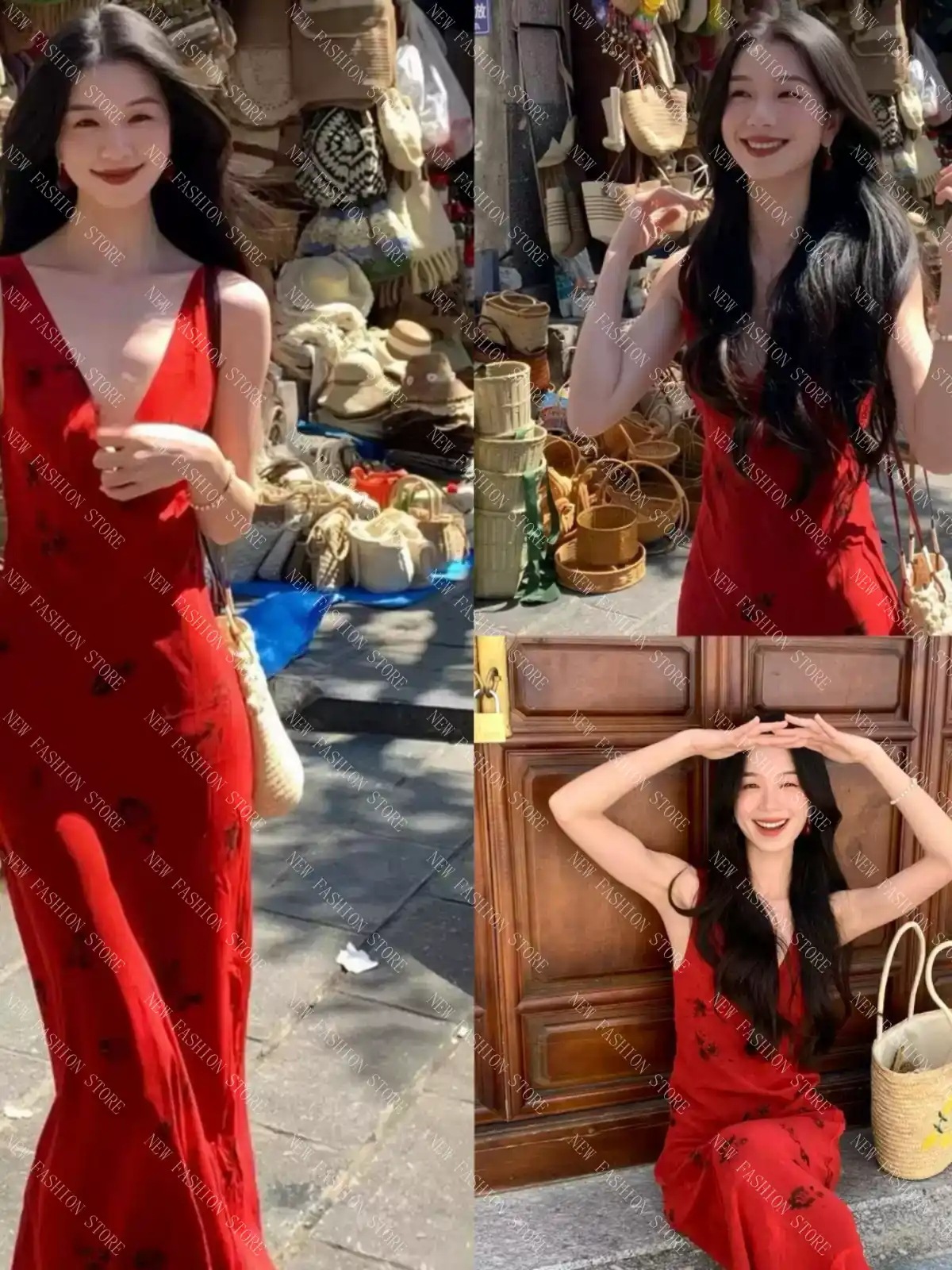 V ネックプリントキャミソールワンピース-49