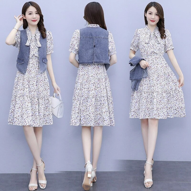 【3日で出荷】スリムスーツスカートハイウエストデニムベスト半袖フローラルシフォンドレスツー