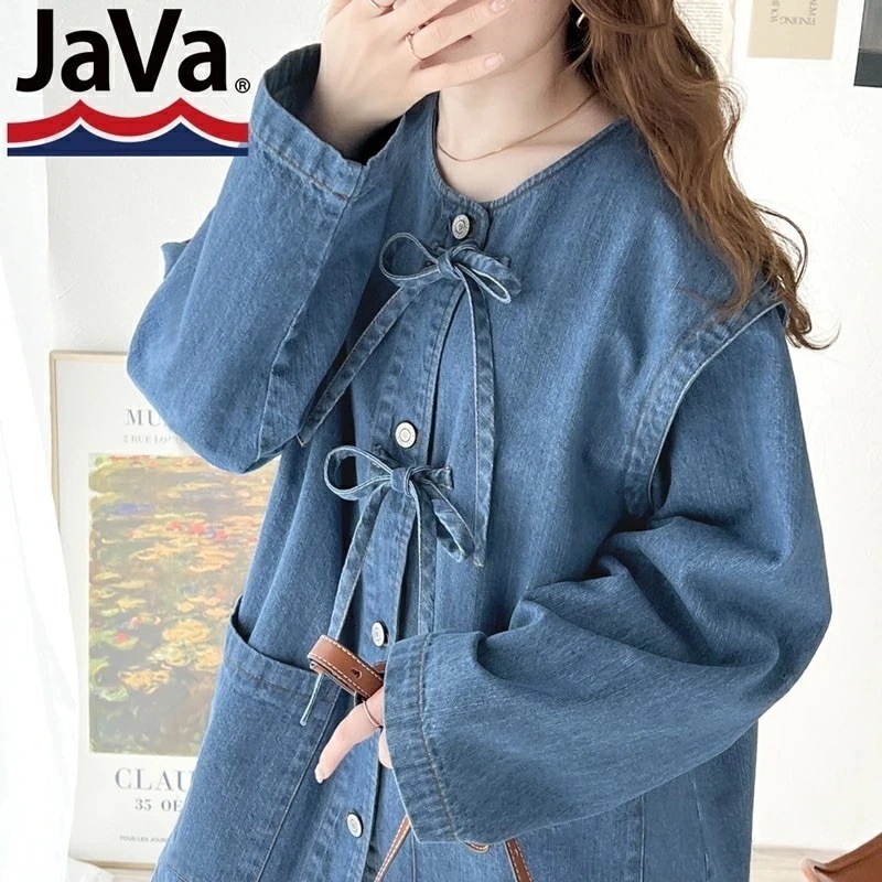 java ジャバコラボ アウター ジャケット レディース 綿100% ドッキング 風 ノーカラー リボン デニム JK ゆったり ビッグシルエット ロングシーズン 羽織り 大きいサイズ 4,920円