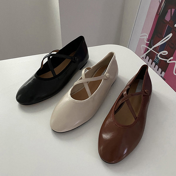 バレエシューズ パンプス フロントストラップ クロス 黒 茶 ブラック ブラウン ベージュ