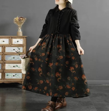 レディース ワンピース フレア ロング マキシ 長袖 襟付き Aライン スマート フェミニン タックプリーツ 前開き かわいい おしゃれ かっこいい レトロ ラフ 個性的 存在感 ラブリー キュート