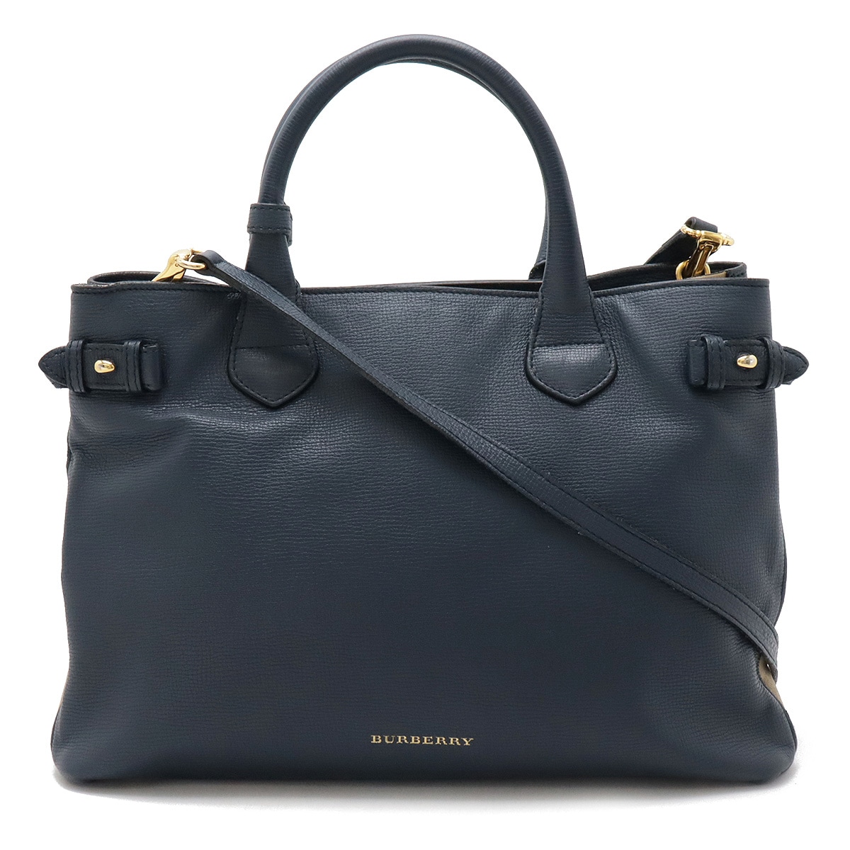 バナー ハウスチェック サイドチェック トートバッグ 2WAY ショルダーバッグ レザー ネイビー 紺　ゴールド金