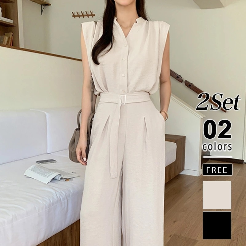 [迅速な配達][限時割!引!]セットアップ カジュアル シャツ ワイドパンツ レディース ノースリーブ トップス ワイド タック パンツ ゆったり 上下 セット ボトムス おしゃれ ノースリーブシャツ