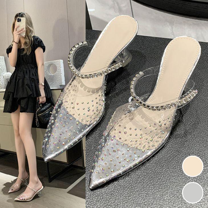 【韓国ins大人気】ポインテッドトゥ スタッズ パンプス ミュール PU ヒール スケルトン 韓国ファッション【k3-fh1666】【予約販売：15-20日】60込