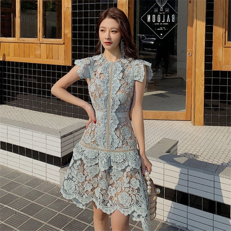 フライングスリーブレースワンピース ワンピドレス レース ノースリーブ 膝丈 透け感 Aライン ハイウエスト スリム 細身 韓国 レディース オルチャン 可愛い 大人可愛い 大人女子 8,294円