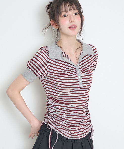 【ILLIGO】 STRIPE SHIRRING COLLAR T-SHIRT BURGUNDY 正規品