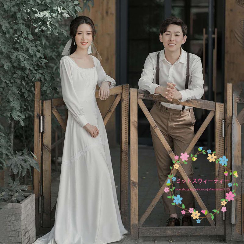 ウェディングドレス 二次会 前撮り 結婚式 披露宴 パーティー サテン ロングドレス スクエアネック 長袖 秋冬 ホワイト お呼ばれ フォーマルドレス 20代 30代