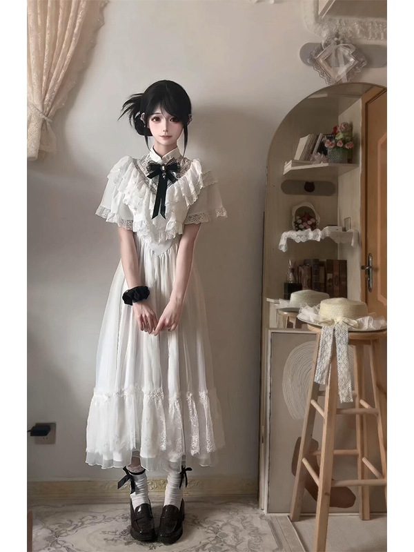 かわいい白い地雷系スタイルの妖精マロックロリータスカートロリータアンティークレースプリンセススカートレース衣料品マス生産モデル
