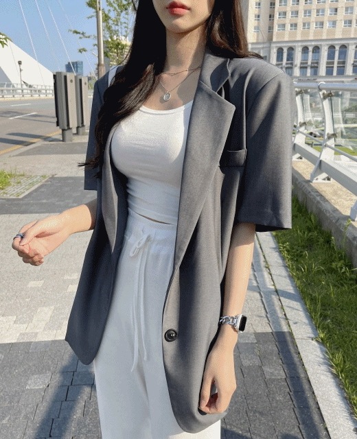 ルーズフィット テーラード 半袖 女子 グレー ブラック 夏 サマー ルーズ ジャケット 2color
