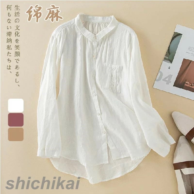 ガーゼ シャツ Ｔシャツ ブラウス レディース 綿麻シャツ トップス 前開き 長袖 ゆったり おしゃれ ゆるシルエット フォーマル エレガント 柔らか 綿麻 カジュアル ナチュラル ビジネス 通勤 オ