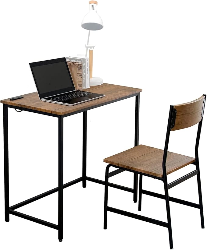 デスクセット チェア付き 幅 80cm コンセント付き 勉強机テレワーク用 組立簡単 ブラウン
